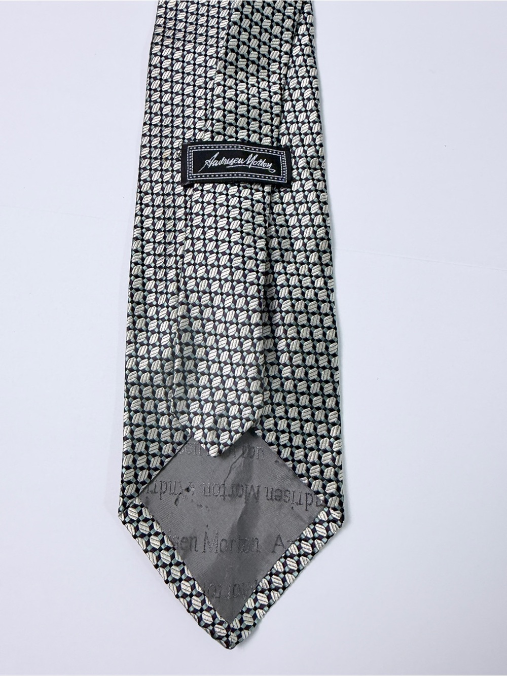 Andrews Morton Men’s Silk Necktie Gray Silver Geometric Cube Pattern Designer